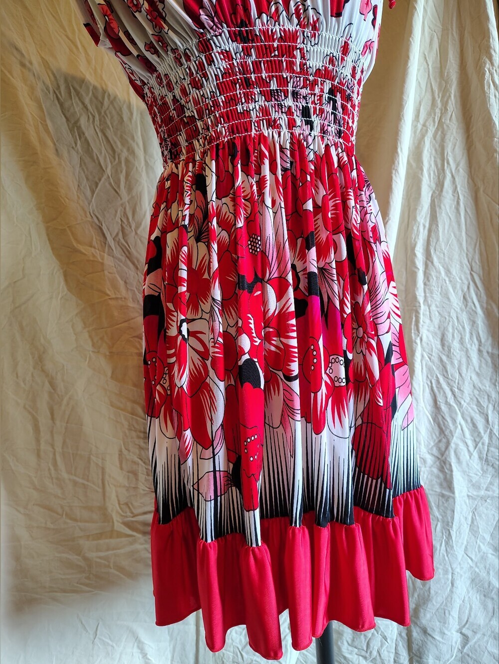 FC Factory Connection Floral Red & Pink Smock Waist Sundress Drawstring Sleeves - Picture 3 of 10